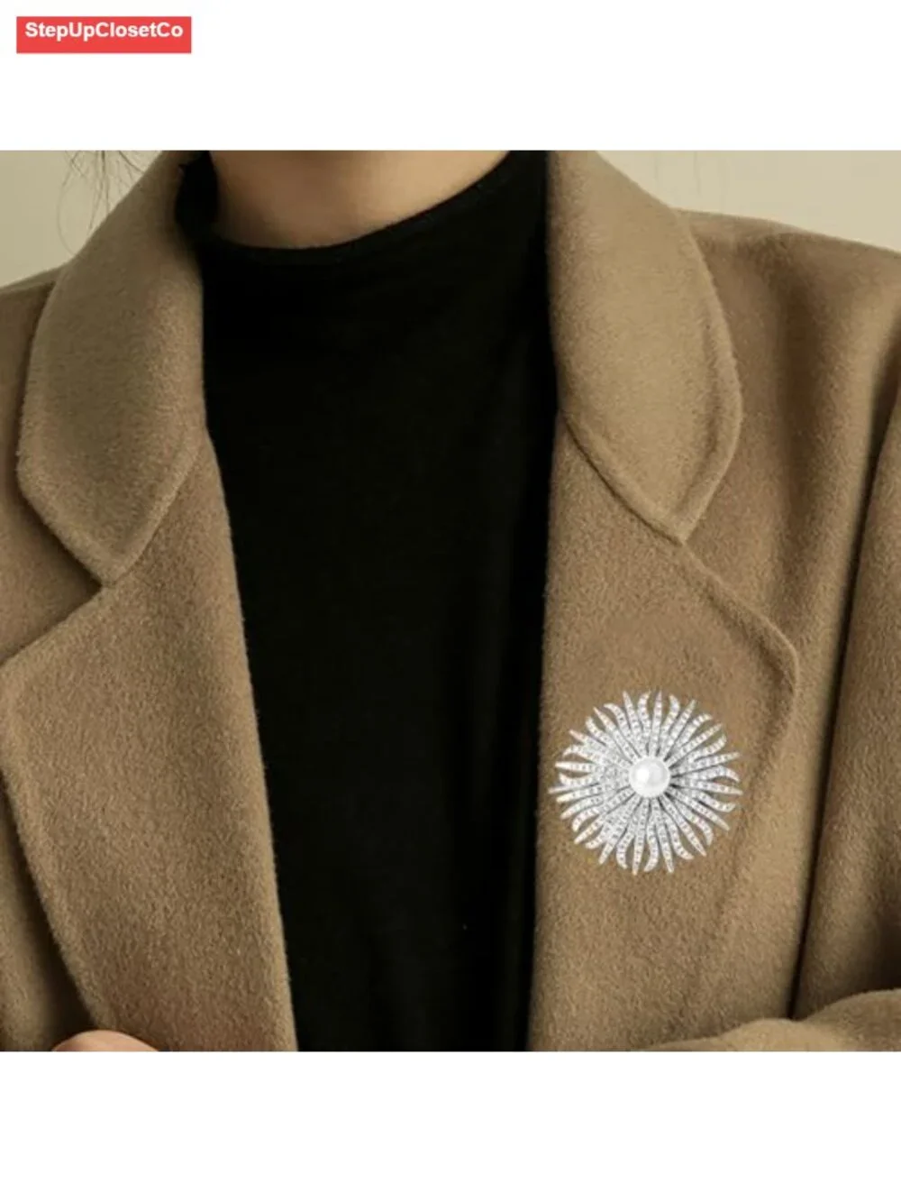 Rhinestone Pearl Brooch Pin Sunflower Starburst Lapel Scarf Pin for Women
